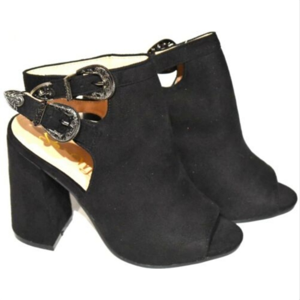 OPEN TOE/BACK BLOCK HEEL BOOTIES BUCKLE SANDAL-6.5